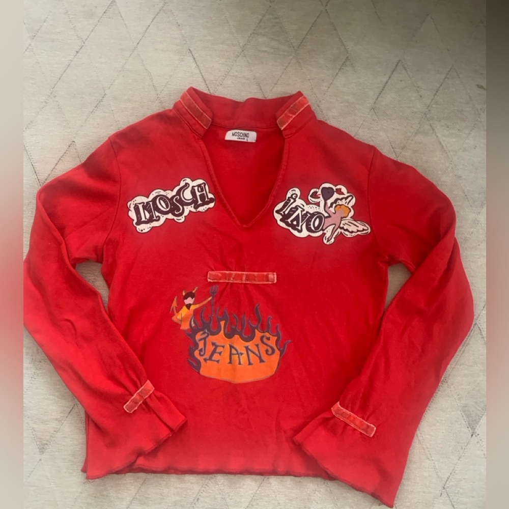 Vintage Moschino Jeans angel and devil ruffle sleeves and velvet trim shirt y2k